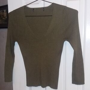 Olive Green V-Neck Ribbed Sweater, Y2K Cut, XS(?)